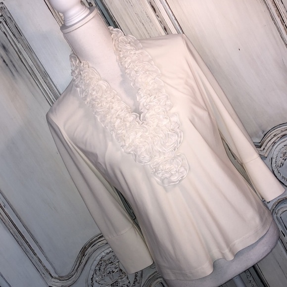 Andre’ Oliver Jersey Knit Multi Layered Ruffle Neckline Mid Sleeve Popover Top - Picture 2 of 11